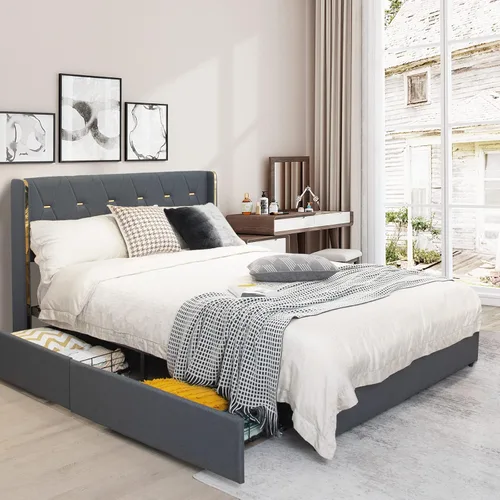 Miniatura 10 de Giantex Base de cama tapizada con 4 cajones, cama de piel sintética de tamaño matrimonial, marco de cama resistente sin ruido, fácil montaje, sin