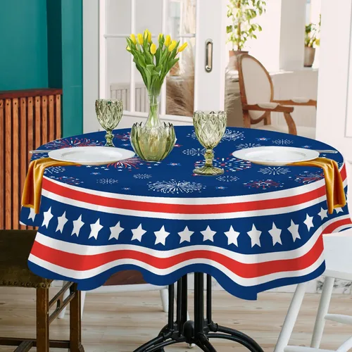 Miniatura 4 de Hexagram Mantel redondo para el 4 de julio, mantel patriótico redondo de 70 pulgadas, estrellas rojas y azules para interiores o exteriores, bandera