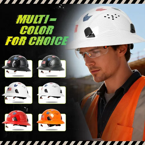 Miniatura 9 de Casco duro de ala completa con patrón de fibra de carbono con visera, casco de seguridad de construcción aprobado por la OSHA para hombres y Fibra