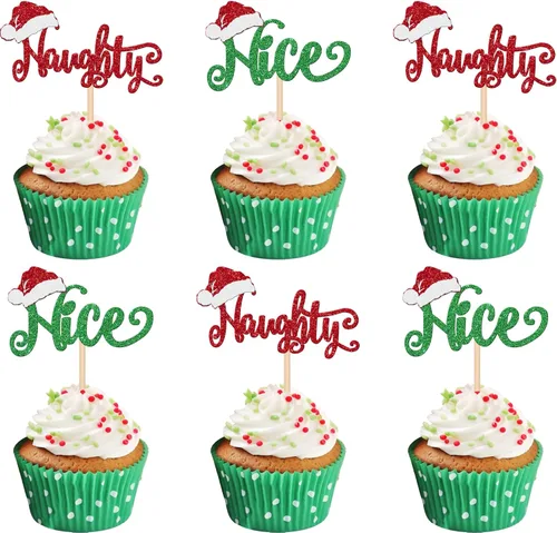 Miniatura 13 de 24 piezas de adornos para cupcakes de Navidad dorados verdes y rojos con purpurina, Papá Noel, árbol de Navidad, adornos para cupcakes para el tema