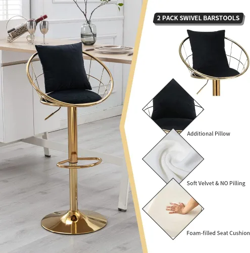 Miniatura 4 de Juego de 2 taburetes de bar giratorios de terciopelo, sillas de bar ajustables con respaldo y reposapiés, silla moderna para isla de cocina