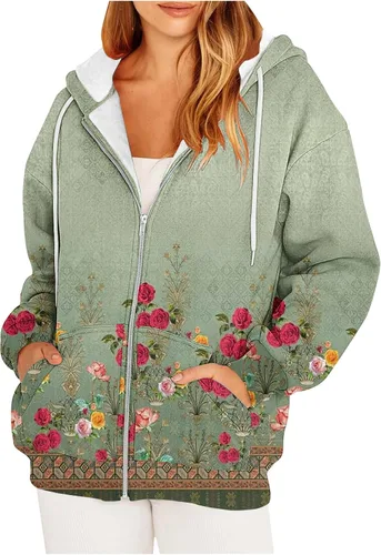 Blczomt Womens Hoodies Jacket Casual Vintage Floral Print Trendy Zipper Tops Long Sleeve Oversized Sweatshirts with Pocket