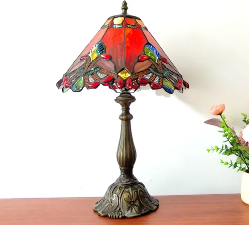 Miniatura 8 de Tiffany - Lámpara de mesa de estilo barroco rojo, lámpara de vitrales de 12 x 12 x 19 pulgadas, lámpara antigua para oficina, hogar, dormitorio