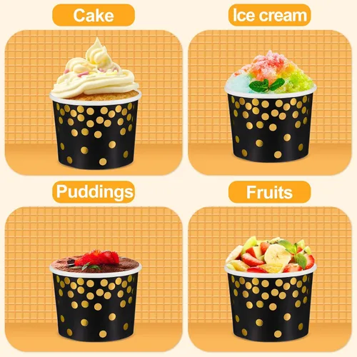 Miniatura 5 de CHENGU 100 tazas de papel para helado a granel de 8 onzas, desechables en negro y dorado, cuencos de postre para aperitivos, yogur, alimentos