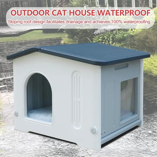 Miniatura 6 de Casa para gatos al aire libre con puerta de escape, casa para gatos con alfombrilla de autocalentamiento, casa para gatos al aire libre, casa grande