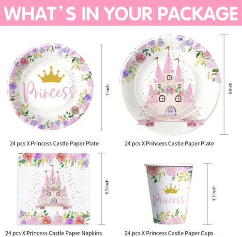 Miniatura 2 de Vajilla para decoración de fiesta de princesa, suministros para fiesta de cumpleaños de princesa, incluye platos, vasos, servilletas, mantel