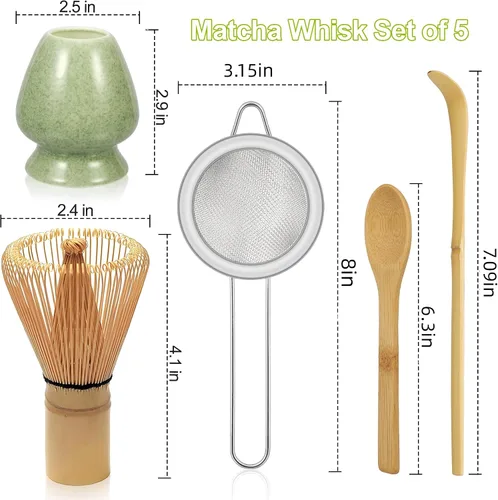 Miniatura 3 de Juego de 5 batidores de matcha, batidor de matcha, soporte de batidor de cerámica, cuchara y cuchara de bambú, tamiz de iniciación en polvo