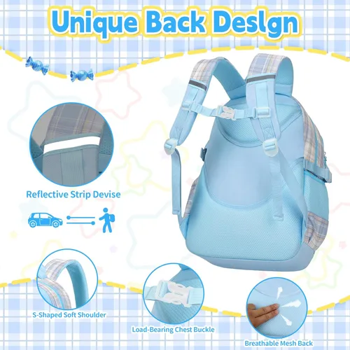Miniatura 4 de Linda mochila para niñas, paquete de 5 mochila kawaii estética con juego de lonchera, bonita mochila escolar azul para niños y adolescentes primarias