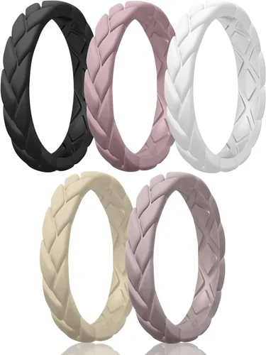 Miniatura 12 de Egnaro Anillos de boda de silicona para ella, conjuntos de novia de goma para mujer, bandas finas, diseño trenzado de hojas apilables con ranuras