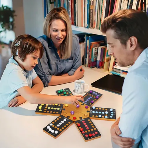 Miniatura 7 de Juego de mesa de mármol, juego de mesa de madera para 4 y 6 jugadores, juego de mármol original portátil con 24 canicas, 12 dados para familiares