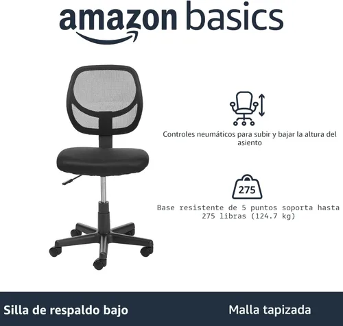Miniatura 4 de Amazon Basics Silla de oficina con respaldo bajo, malla transpirable, altura ajustable, asiento acolchado, ruedas giratorias, soporte de espalda