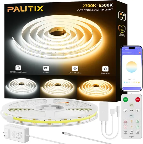 Miniatura 13 de PAUTIX COB - Tira de luz LED CCT sintonizable blanca IP65 impermeable, CRI90+ 24 pies/24.6 ft 2700K-6500K regulable 24V LED cinta de luz LED