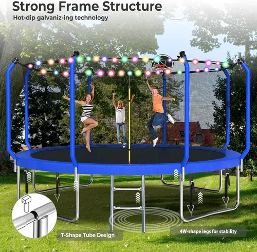 Miniatura 4 de Lyromix Trampolín mejorado de 8 pies/10 pies/12 pies/14 pies con aro de baloncesto, luz, aspersor, estacas – patio trasero al aire libre para 4-6