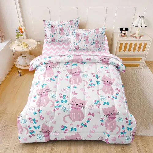 Miniatura 3 de Juego de cama individual para niños con gatos, lindo juego de edredón rosa con animales para decoración de dormitorio de adolescentes, juegos de Cat1