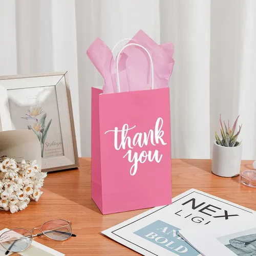 Miniatura 5 de DjinnGlory Paquete de 50 pequeñas bolsas de regalo de papel rosa con asas de 9 x 5.5 x 3.15 pulgadas y 50 papel de seda rosa para recuerdos