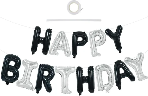 Miniatura 42 de TONIFUL Pancarta de Globos Negros de Feliz Cumpleaños de 16 Pulgadas con Letras de Papel de Aluminio Mylar, Cartel Banderín Reutilizable