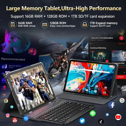 Miniatura 4 de Android 15 Tablet 2026 Última tableta de 11 pulgadas con teclado, 128 GB ROM 16 GB RAM 2TB Expand, 8000 mAh, tabletas Octa-Core con WiFi 5G/2.4G