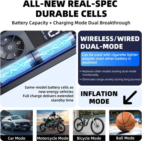 Miniatura 6 de Inflador de neumáticos, compresor de aire portátil, 160 PSI de potencia dual 6000 mAh, bomba de aire inalámbrica con indicador digital, luz LED