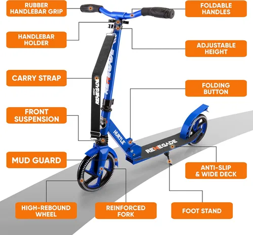 Miniatura 5 de Hurtle Renegade Kick Scooter for Kids, Teenagers & Adults - 2-Wheel Folding Scooter with Adjustable T-Bar Handlebar - Alloy Anti-Slip Deck Azul