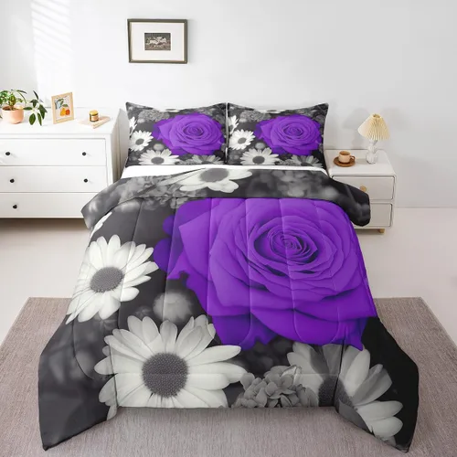 Miniatura 7 de Juego de edredón de rosas rojas, tamaño individual, juego de ropa de cama floral rojo degradado negro para niñas, mujeres, niños, adolescentes