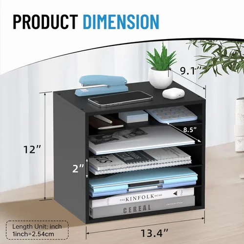 Miniatura 3 de Organizador de escritorio de madera de 5 niveles, organizador de bandeja de papel para escritorio con estantes de almacenamiento ajustables, Negro