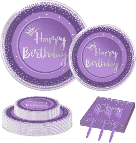 Juego de 96 platos y servilletas de cumpleaños morados y plateados con decoraciones de fiesta de feliz cumpleaños, platos de papel, servilletas y