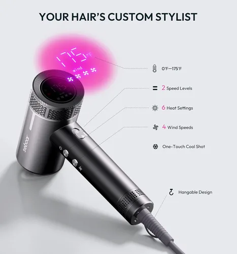 Miniatura 10 de Secador de pelo iónico de alta velocidad con difusor, pantalla LCD profesional con control térmico, secado rápido de 1500 W, secador de pelo