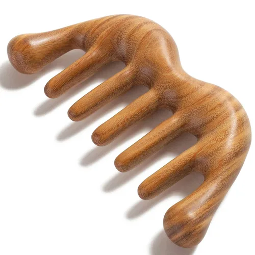 Peine de dientes anchos para desenredar el cabello grueso, masajeador de cuero cabelludo de madera para cuero cabelludo Gua Sha, sándalo verde