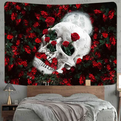 Miniatura 8 de FEASRT Tapiz de calavera, rosa roja para amantes del cráneo del jardín, dormitorio, apartamento, arte para el hogar, decoración para colgar