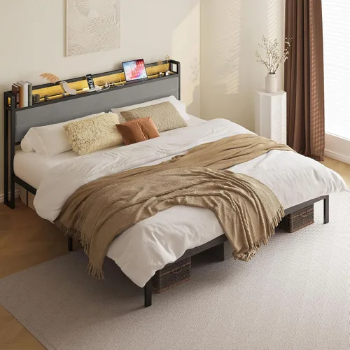 Miniatura 11 de LIKIMIO Base de cama individual con cabecera de almacenamiento y luces LED, plataforma de metal con estación de carga, sin ruido, no necesita