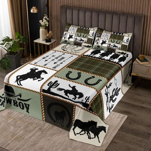 Miniatura 40 de Colcha de vaquero occidental para niños, tamaño individual, juego de colcha rústica de herraduras, cactus y herraduras, decoración de habitación