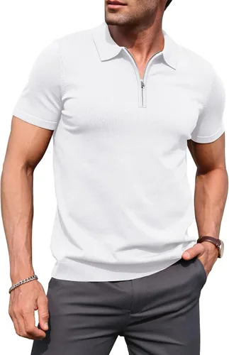Miniatura 13 de RQP Camisas polo con cremallera para hombre, camisas casuales de punto de manga corta/larga, camisas de golf elásticas ajustadas, suéter suave