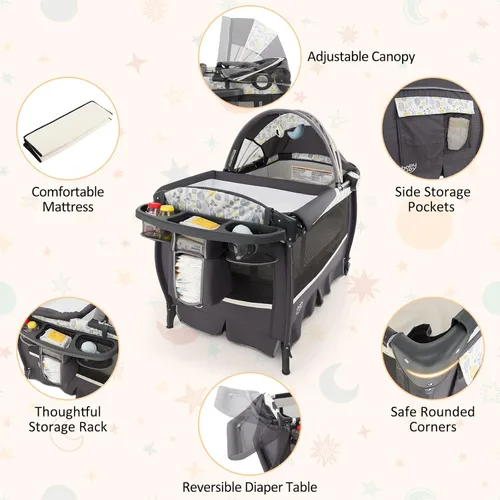 Miniatura 8 de BABY JOY 4 en 1 Pack and Play, corralito portátil para bebé con moisés y mesa de cambio abatible, toldo, centro de actividades de moisés para bebés