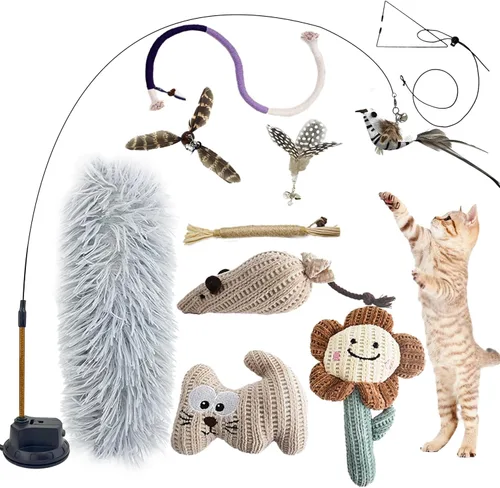 Juguetes para gatitos 7 en 1 para gatos de interior con ventosa adhesiva lavable, juguetes interactivos para gatos, palo de vid plateada y cuerda