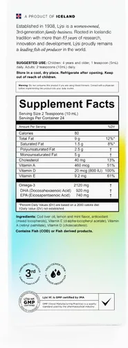 Miniatura 6 de LYSI Suplemento líquido de aceite de hígado de bacalao islandés – 1,100 mg de omega-3 por cucharadita – EPA 740 mg y DHA 920 mg por 2 TSP