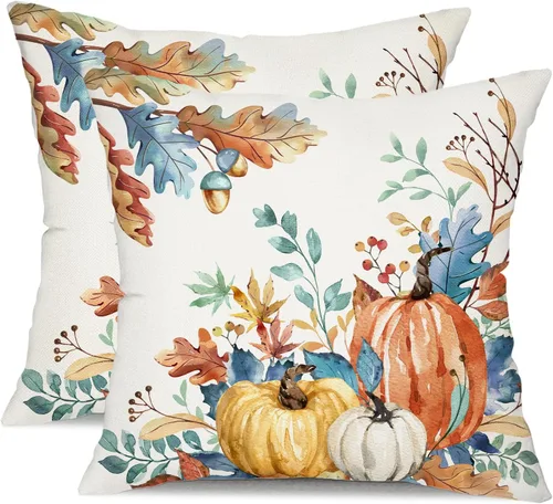 Miniatura 9 de DFXSZ Fundas de almohada de otoño de 16 x 16 pulgadas, juego de 2 fundas decorativas de otoño de hojas caídas de calabaza en acuarela azul y verde