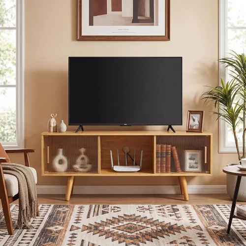 Miniatura 14 de Baveke Soporte de TV de bambú centro de entretenimiento, soporte de televisión moderno de mediados de siglo para televisores de 50-55 pulgadas