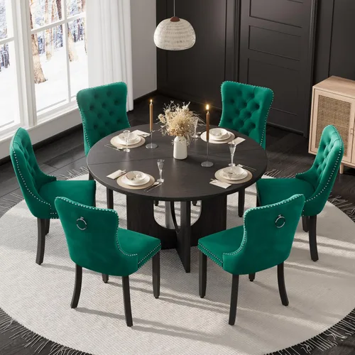 Miniatura 38 de Mesa de comedor redonda de 47 pulgadas para juego de mesa de cocina rústica de 6,7 piezas, mesa de comedor de granja, sillas negras de alta gama