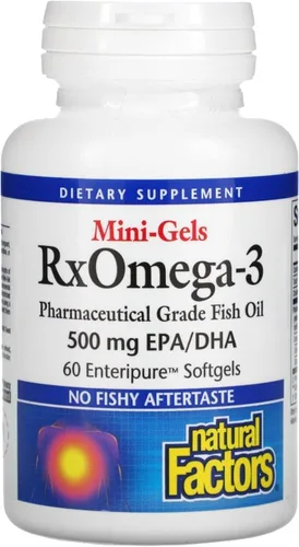 Natural Factors - Mini-geles Rx Omega-3 Factores, EPA 350 mg, DHA 140 mg, apoya la salud cardiovascular, 60 geles blandos