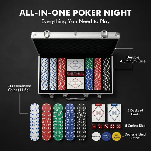 Miniatura 2 de HEITOK Juego de fichas de póquer con denominaciones, 300 piezas de 11.5g con números, fichas de casino con 2 barajas, 5 dados y estuche compacto