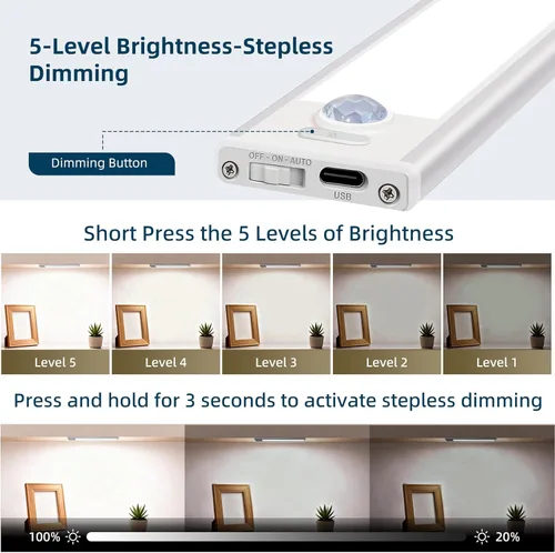 Miniatura 3 de Paquete de 4 luces para debajo del gabinete, luz recargable con sensor de movimiento para interiores, luces magnéticas inalámbricas regulables, 32