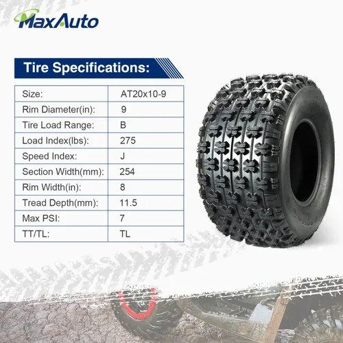 Miniatura 3 de MaxAuto ATV Sport Quad - Juego de 2 neumáticos traseros de 20 x 10-9 de 4 capas, repuesto de neumáticos sin cámara para 400ex TRX 450r, Raptor 660