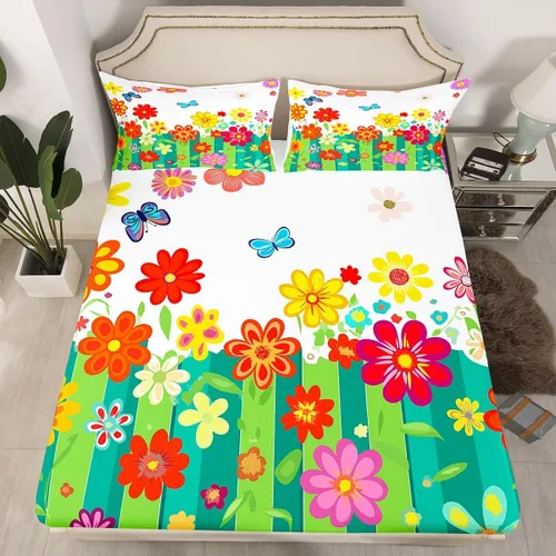 Miniatura 19 de Juego de ropa de cama de flores Groovy de los años 70, sábana bajera ajustable de flores de arco iris para niños y niñas, sábanas de ropa de cama