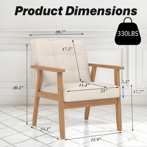 Miniatura 2 de Silla decorativa moderna con reposabrazos, silla de ocio tapizada de tela de lino con botón de respaldo y marco de madera para sala de estar, Beige