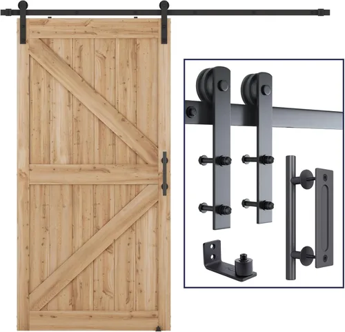 SMARTSTANDARD Kit de herrajes para puerta corrediza de granero resistente de 7.5 pies, color negro, (todo el juego incluye 1 juego de manijas y 1