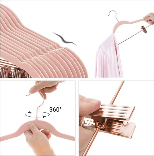 Miniatura 3 de SONGMICS Paquete de 24 Perchas para Pantalones, Perchas para Abrigos de 16.7 Pulgadas con Clips Móviles de Color Oro Rosa, Resistentes