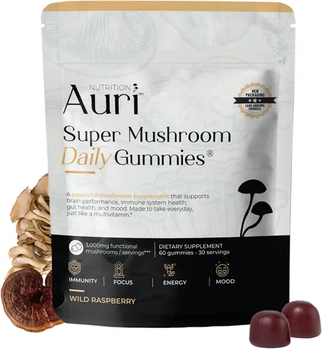 Auri Nutrition Super Mushroom Daily Gummies – Gomitas funcionales todo en uno con 12 mezclas de hongos, incluyendo melena de león, reishi, chaga y