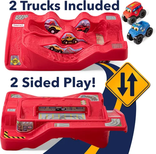 Miniatura 2 de Simplay3 Monster City Extreme Wheels - Mesa de carreras de autos - Mesa de juego portátil roja de 2 caras para niños con 2 camiones Monster Race