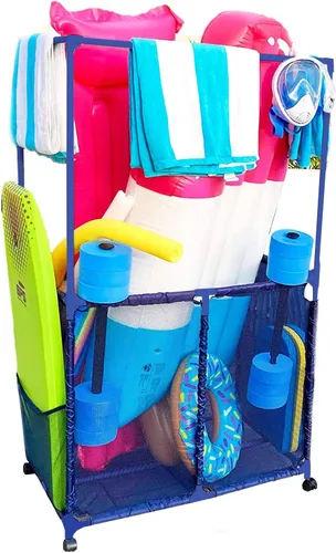 Soporte para equipo de piscina con barras de secado de toallas, organizador de almacenamiento multiusos con ruedas de malla, colgador de toallas