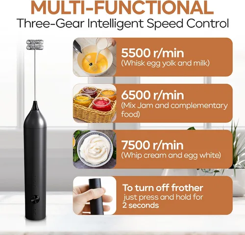 Miniatura 2 de Varita espumadora de leche de mano recargable con soporte, espumador de leche de doble batidor de mano, 3 niveles de velocidad, agitador de café